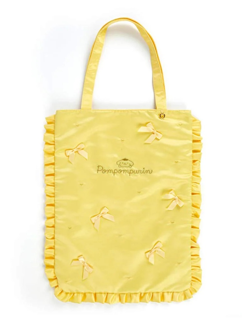 NWT Sanrio Pompompurin Enjoy Idol Ruffle Tote Bag – Yellow Satin Uchiwa Fan Bag